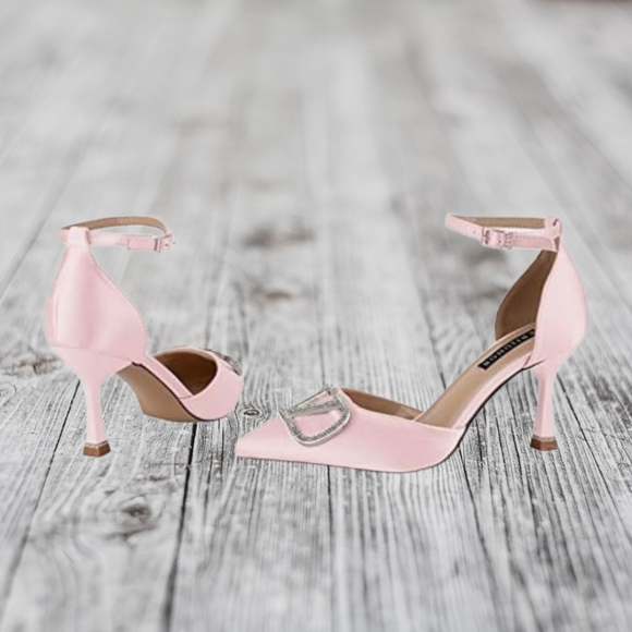 Women's Mid Heel Pumps With Rhinestone Brooch And Ankle Strap Satin, 9 - Picture 3 of 10